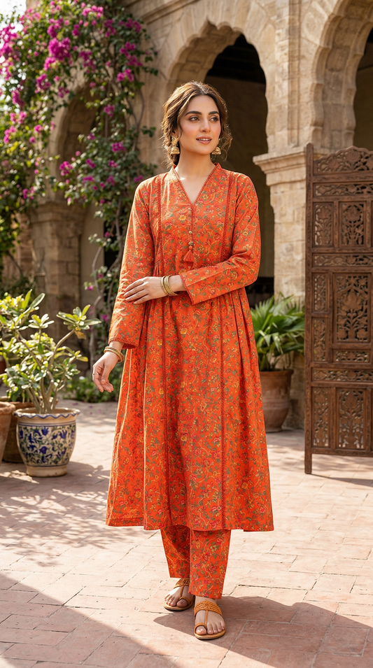 SADABAHAR Radiant Bloom: 2-Piece Printed lawn Frock Suit