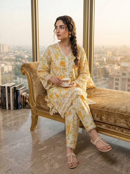 Bin Saeed Floral Grace – Stitched Lawn 2-Piece Embroidered Suit