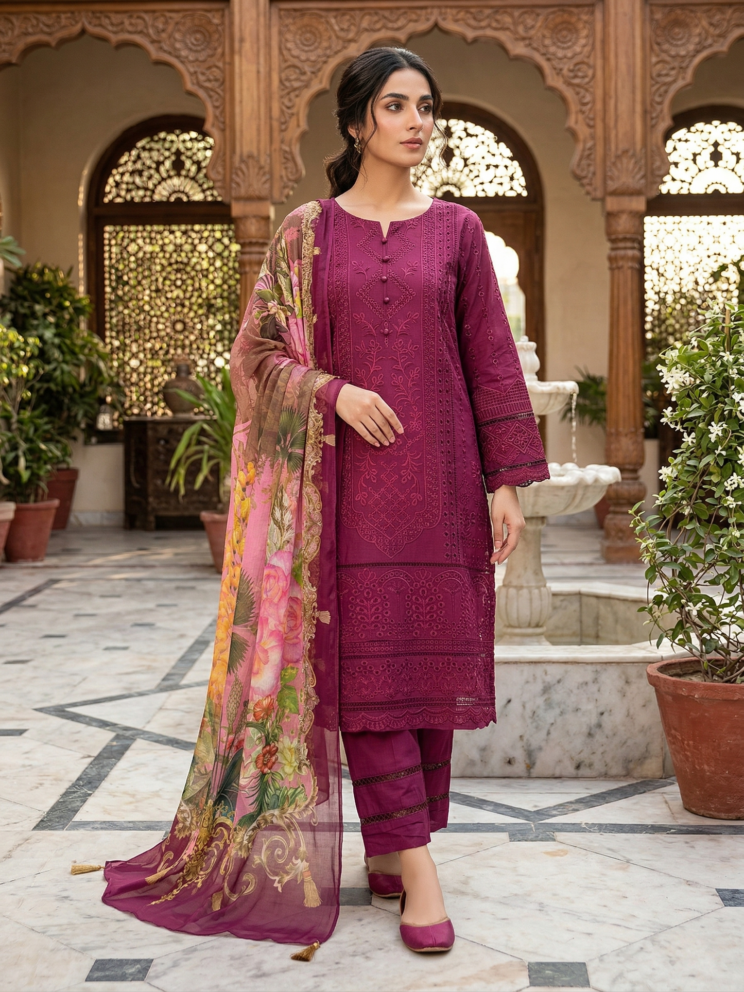 Elegant Embroidered Cotton 3-Piece Suit with Floral Chiffon Dupatta