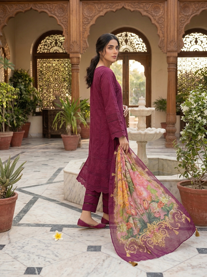 Elegant Embroidered Cotton 3-Piece Suit with Floral Chiffon Dupatta