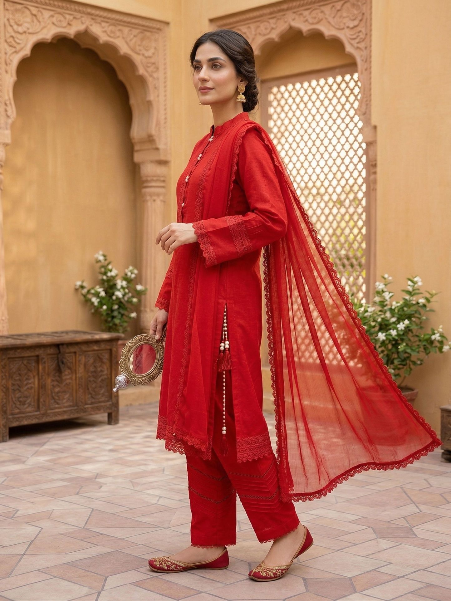 Radiant Crimson Stitched 3-Piece Cotton Suit