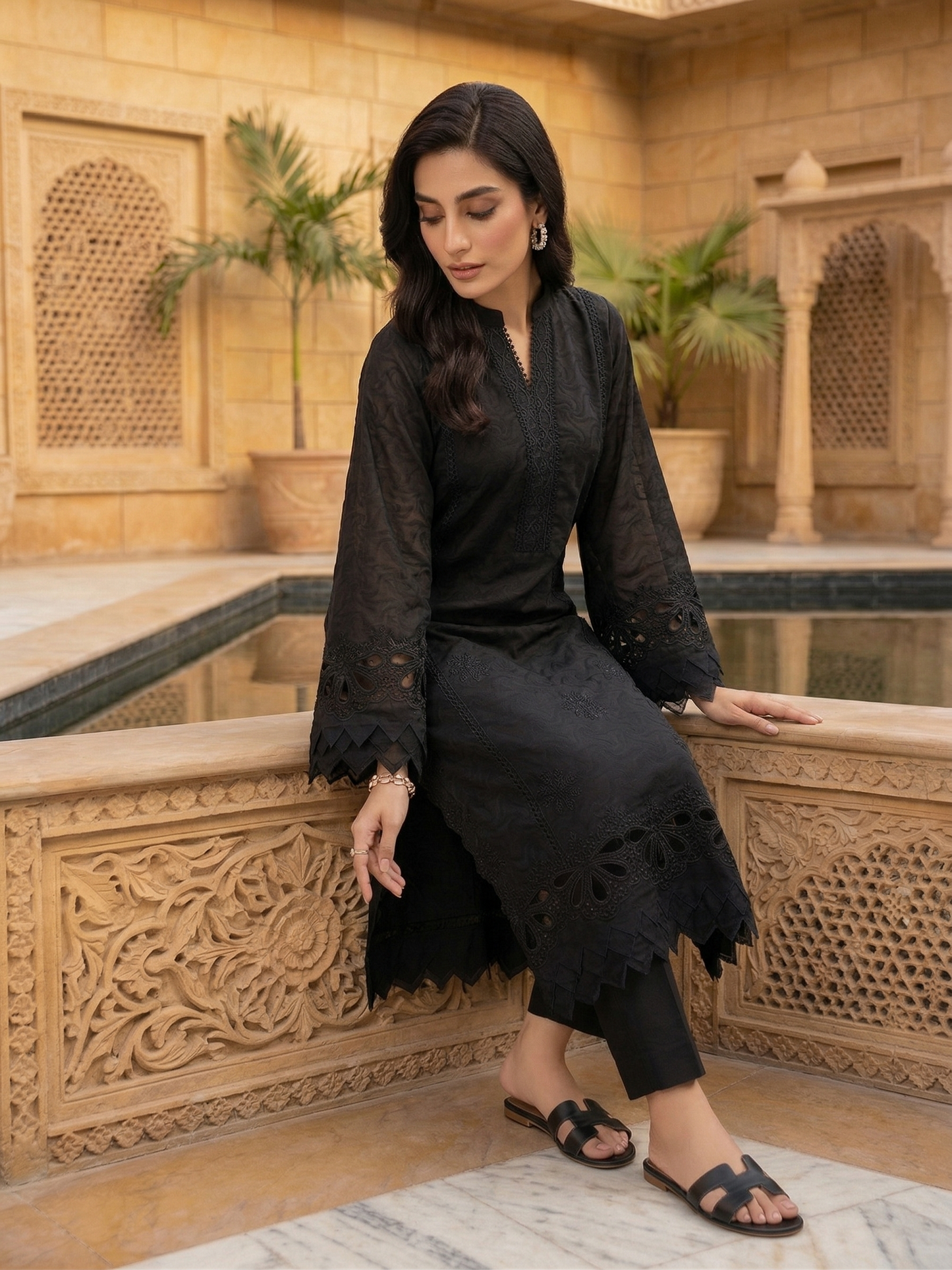Nuréh Premium Black Embroidered Cutwork Shirt (1-Piece Stitched)