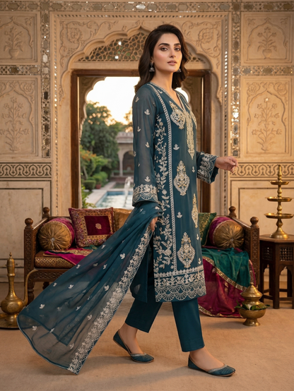 Teal Elegance: Premium Stitched 2-Piece Embroidered Chiffon Suit