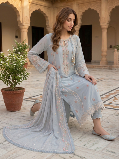 Blue Pearl-Embroidered Chiffon 2-Piece Suit