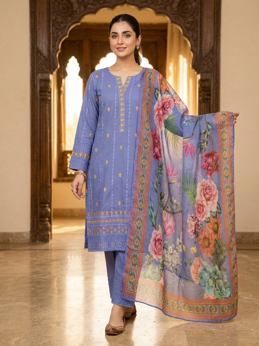 Royal Periwinkle Blue - Embroidered Cotton 3-Piece Suit