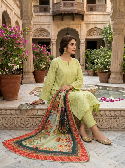 Fresh Pista Embroidered 3-Piece Cotton Suit