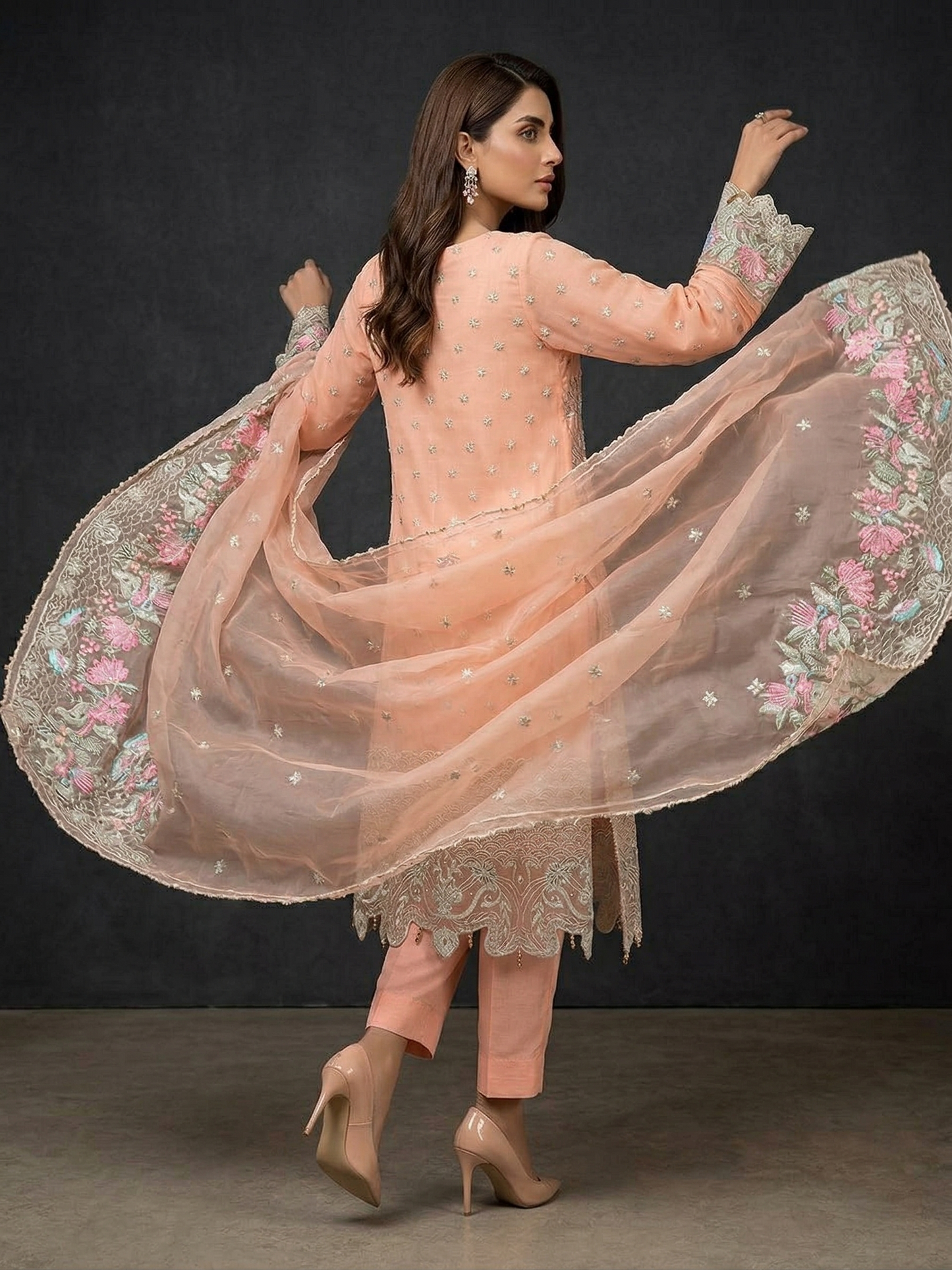 Peach Petals | Stitched 3-Piece Embroidered Chiffon Suit