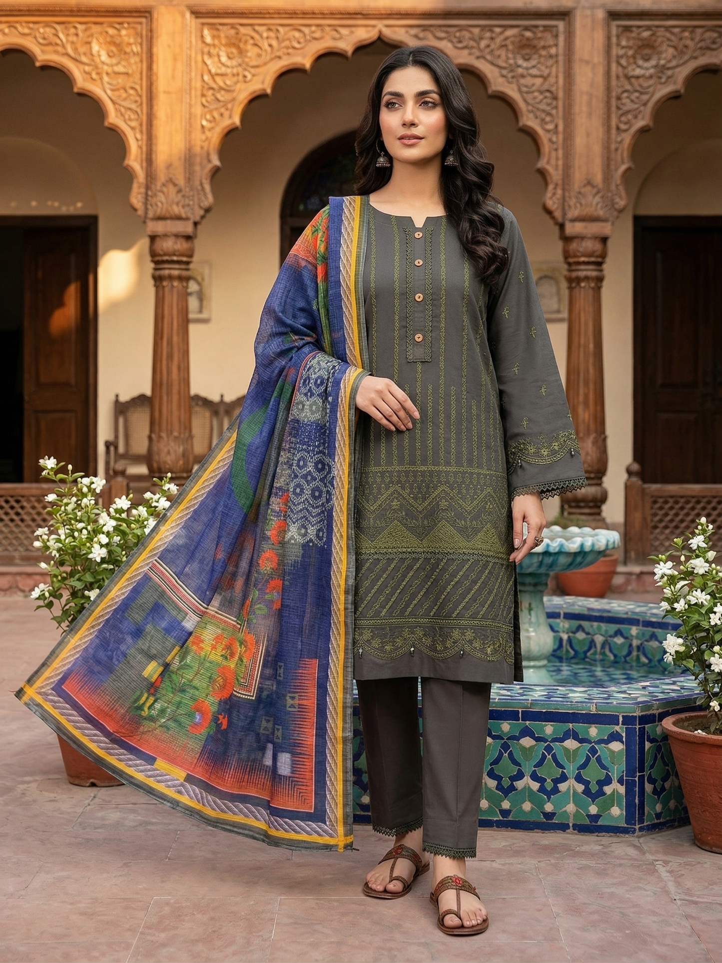Timeless Charcoal: Stitched 3-Piece Embroidered Cotton Ensemble