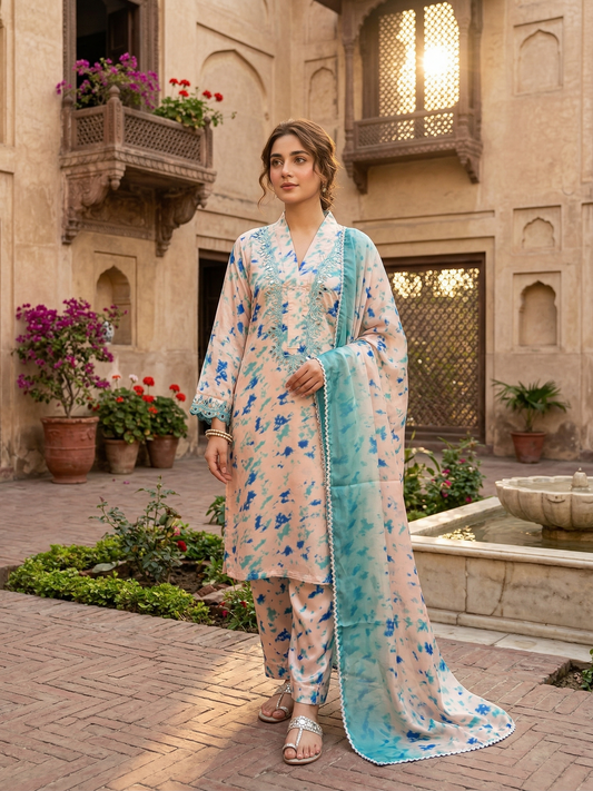 Aqua Bloom: Premium 3-Piece Printed Silk Suit