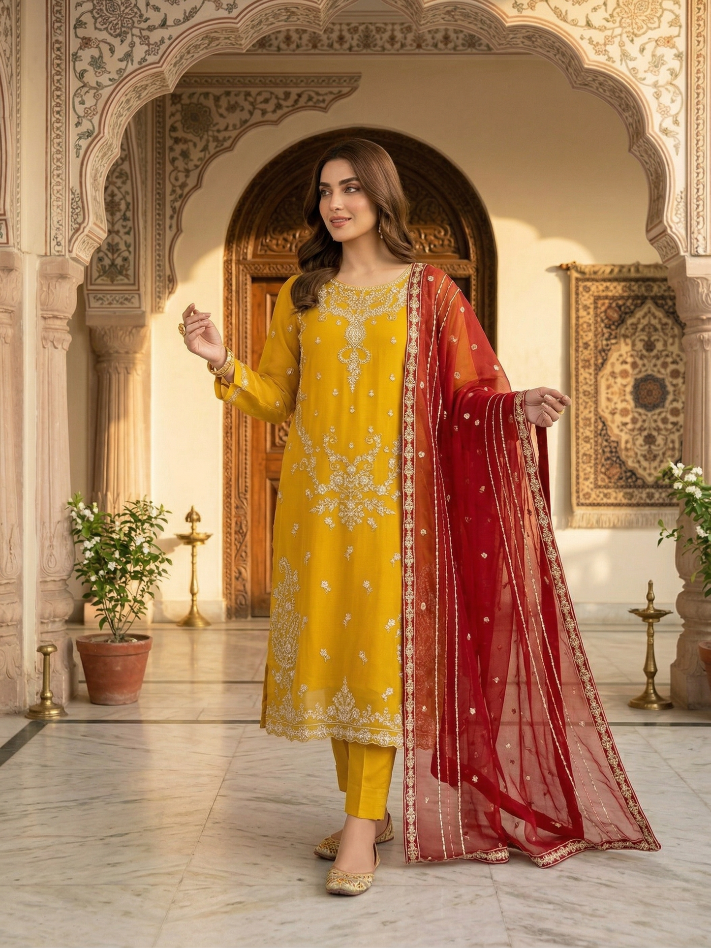 mustard & Crimson Chiffon Elegance