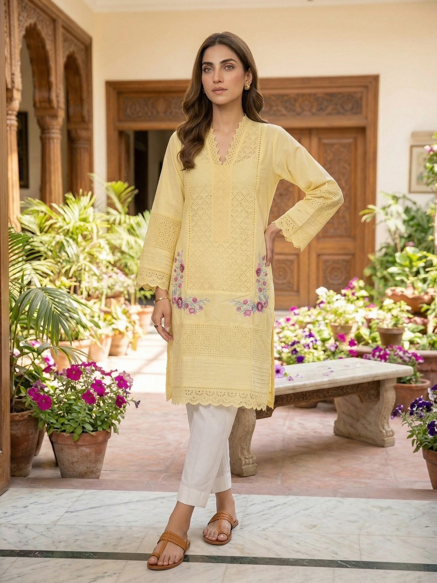 Premium Yellow lawn Embroidered Stitched Shirt