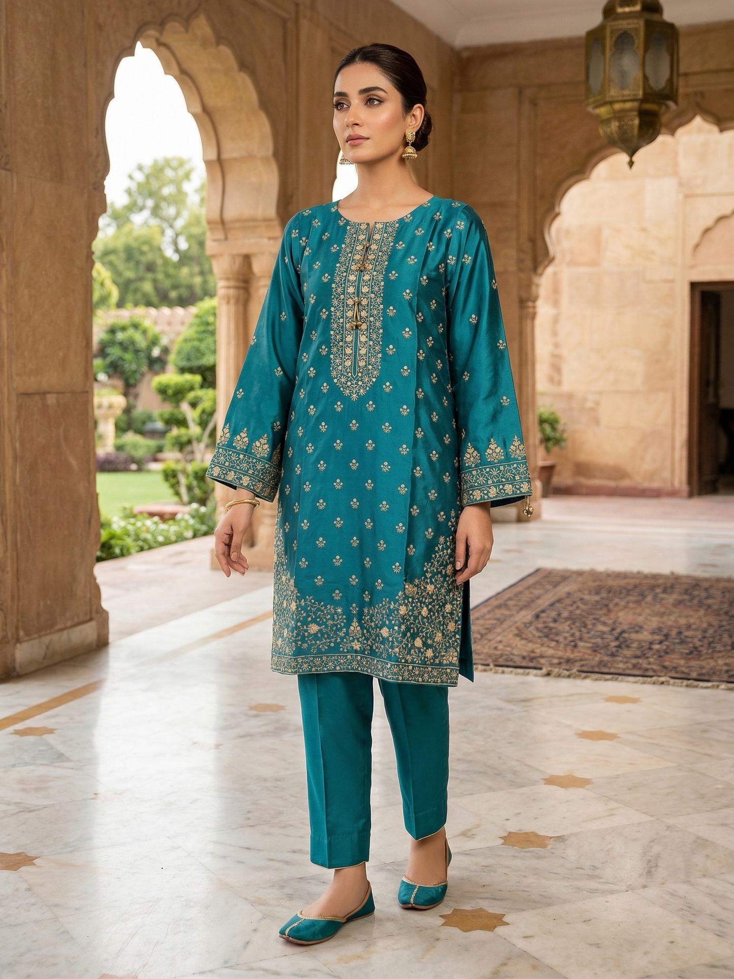 Riwayat Pret Stitched Teal Silk Embroidered Short Shirt (1-Piece)