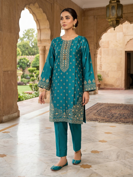 Riwayat Pret Stitched Teal Silk Embroidered Short Shirt (1-Piece)