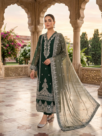 Emerald Elegance 2-Piece Embroidered Chiffon Suit
