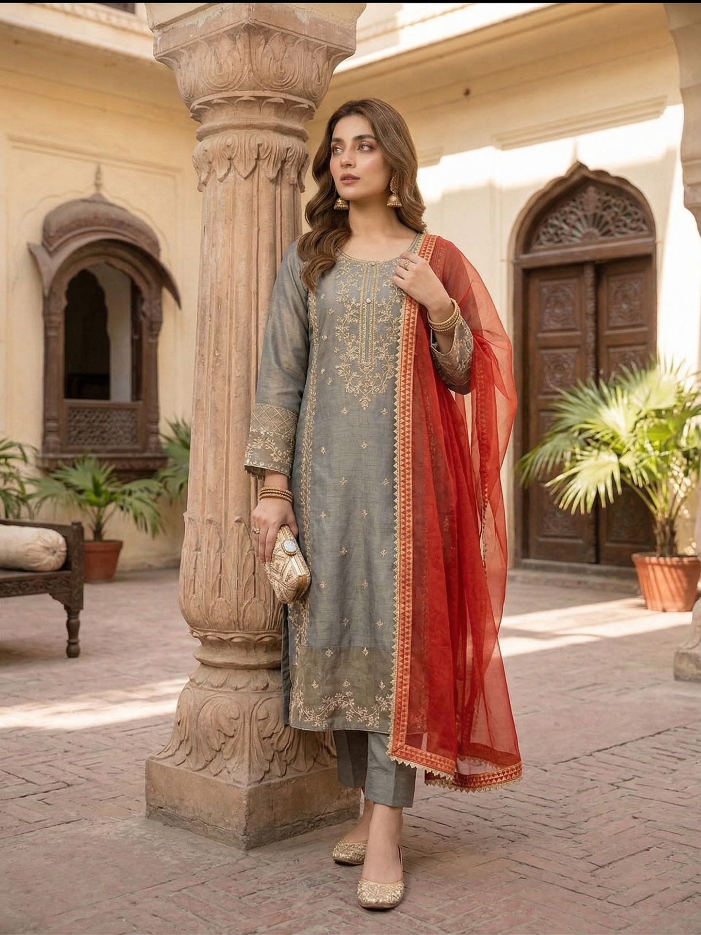 Elegant Festive 2-Piece Embroidered Organza Suit