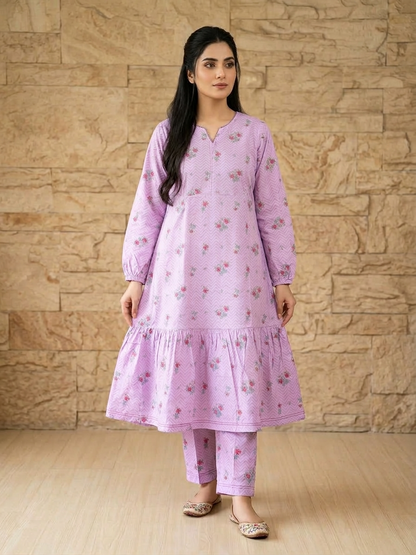 Sadabahar Lilac Meadow – Printed 2-Piece Cotton Frock & Trouser Set