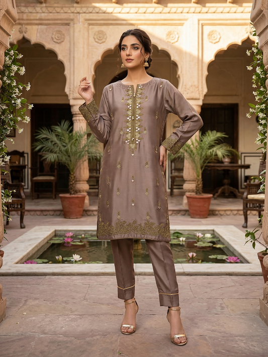 Premium Stitched Mauve Silk Embroidered Short Shirt