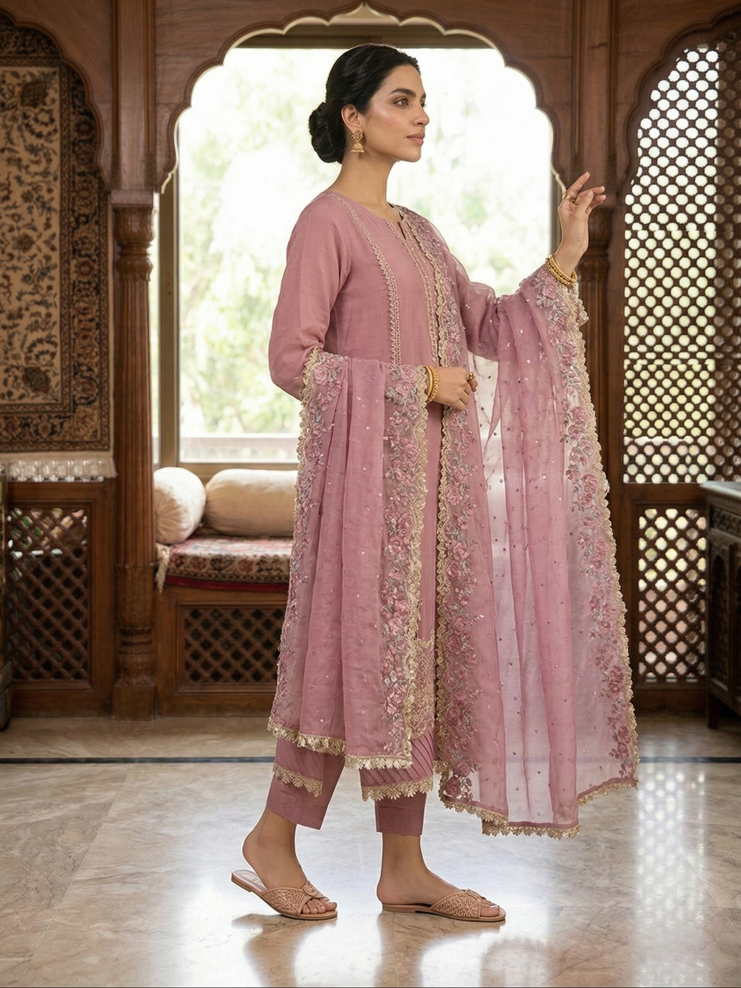 Blush Blossom: 2-Piece Embroidered Chiffon Festive Suit