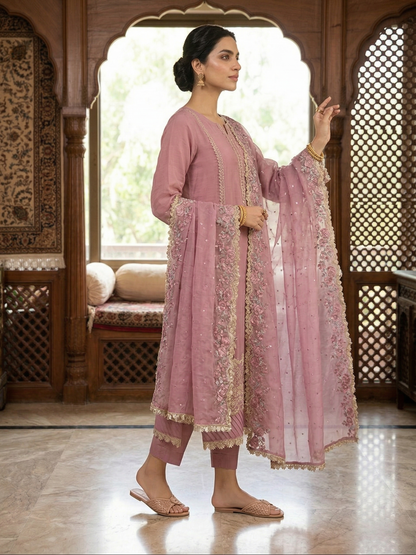 Blush Blossom: 2-Piece Embroidered Chiffon Festive Suit
