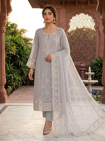 Icy Grey 3-Piece Premium Embroidered Organza Suit