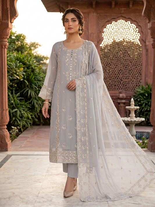 Icy Grey 3-Piece Premium Embroidered Organza Suit
