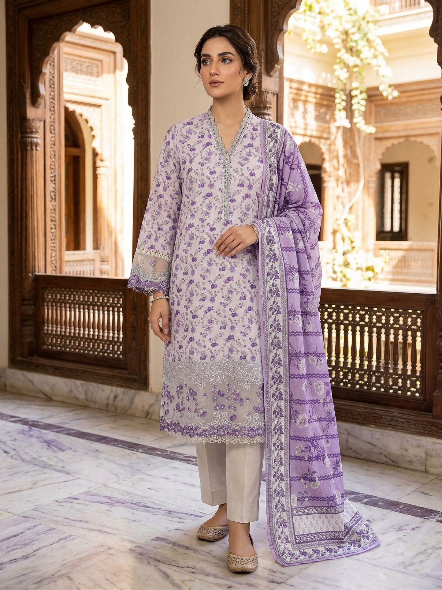 Sadabahar Lavender Floral Printed Lawn Suit