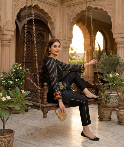 Stitched Black Silk-Satin Festive 1-Piece shirt with Gold Rose Motifs