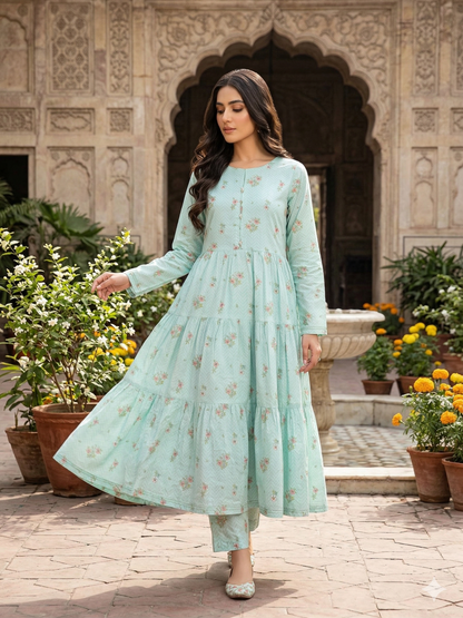 Sadabahar Mint Floral Tiered Lawn Frock – Stitched 2-Piece