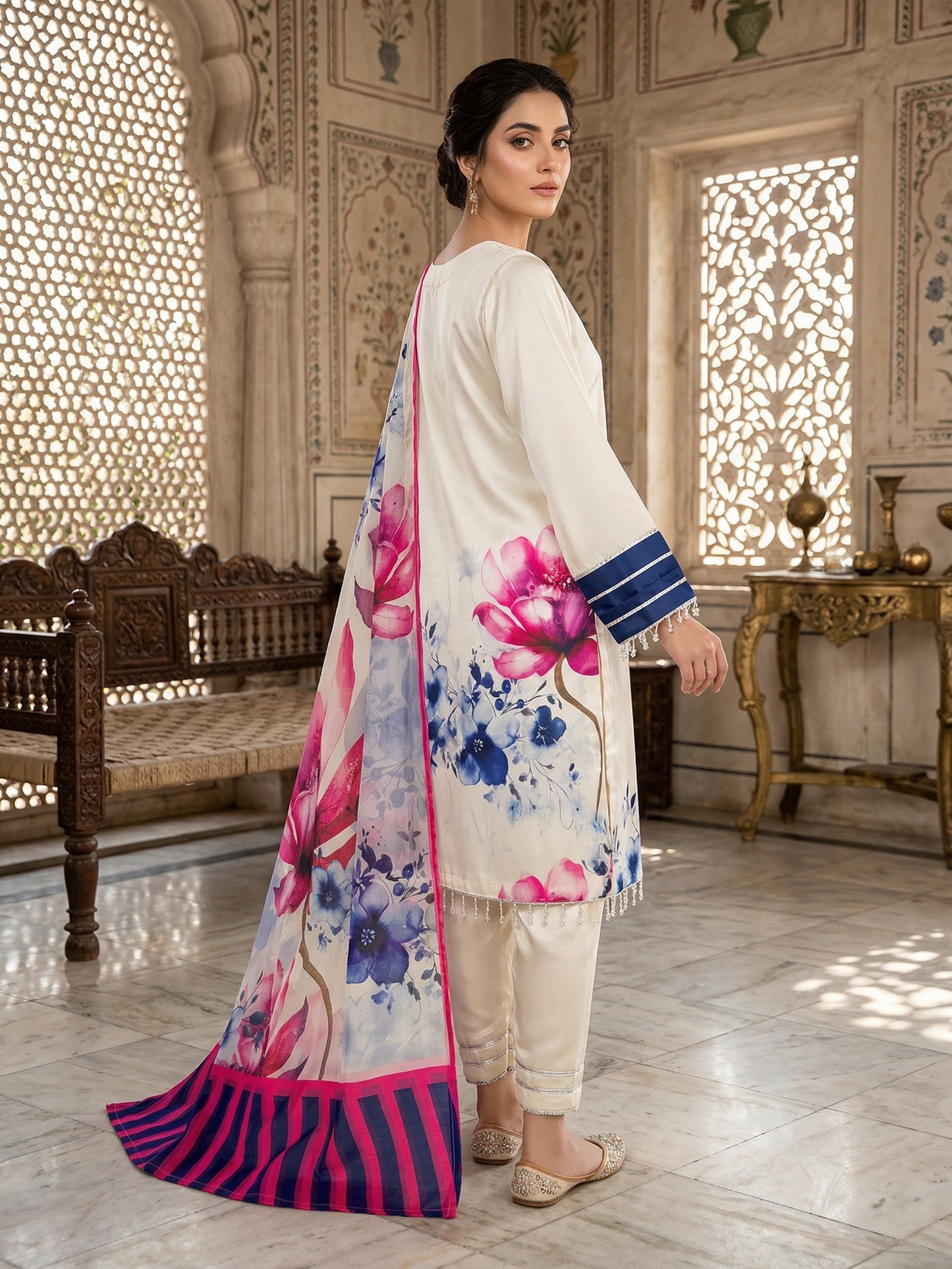 Ivory Blossom 3-Piece Stitched Silk Suit