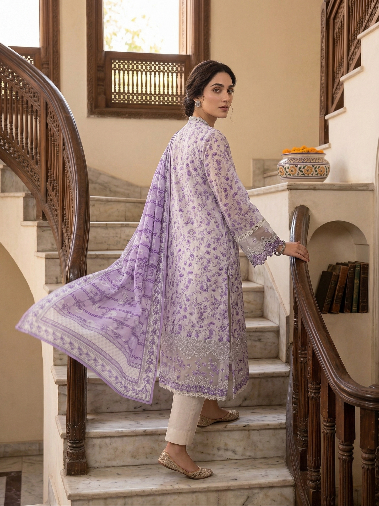 Sadabahar Lavender Floral Printed Lawn Suit