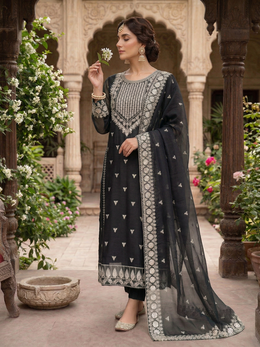 Elegant Black Embroidered Chiffon 2-Piece Suit