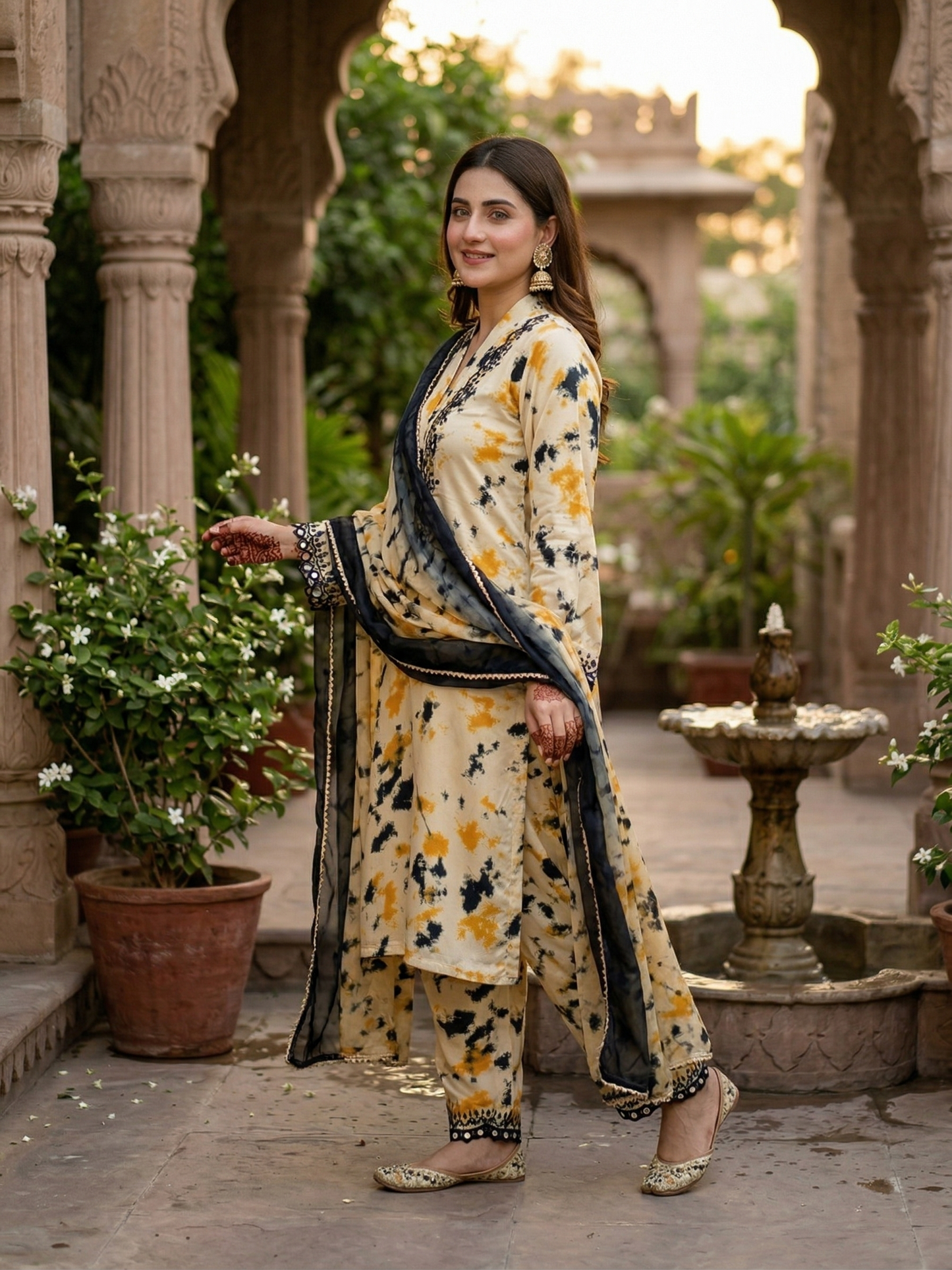 Marble Fusion: Mustard & Slate Silk Elegance