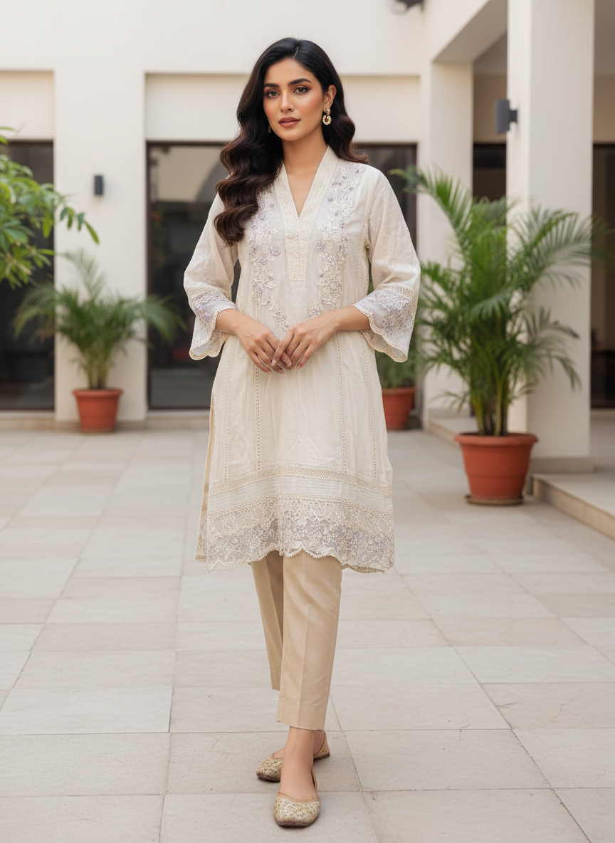 AZURE Luxury Embroidered Cotton Net Shirt – Cream Elegance