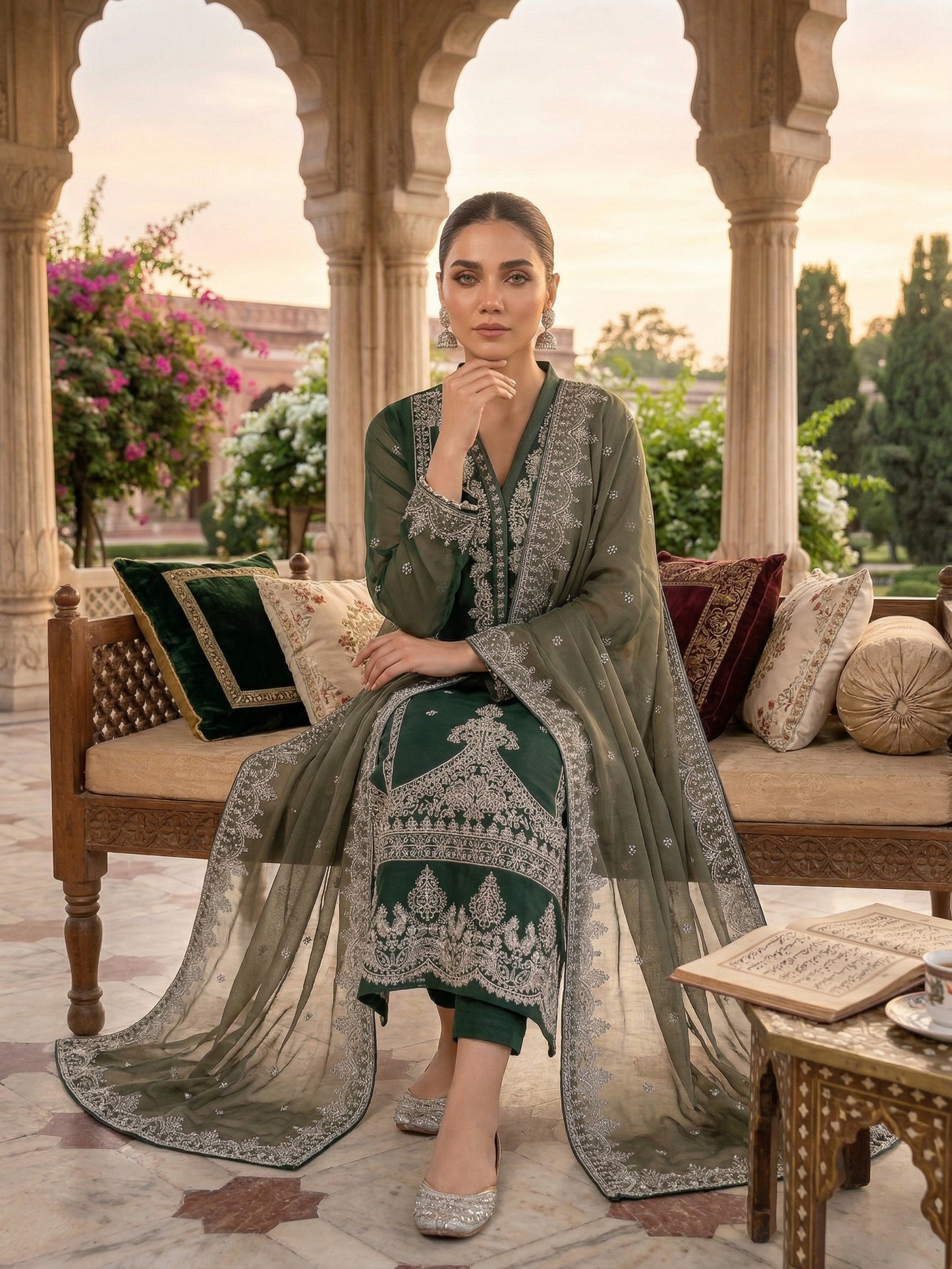 Emerald Elegance 2-Piece Embroidered Chiffon Suit