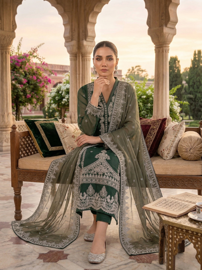 Emerald Elegance 2-Piece Embroidered Chiffon Suit