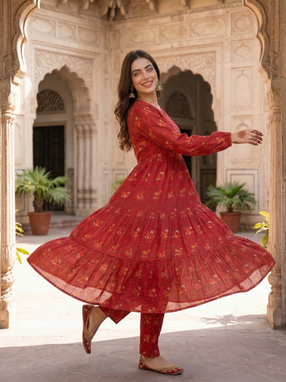 Sadabahar Crimson Bloom: Printed Lawn 2-Piece Frock Suit