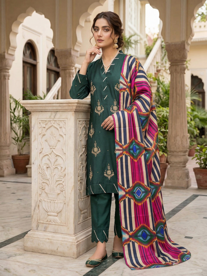 Luxury Stitched 3-Piece Silk Festive Suit - Deep Emerald