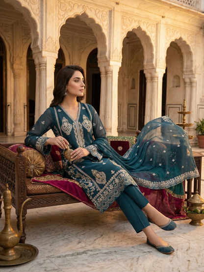 Teal Elegance: Premium Stitched 2-Piece Embroidered Chiffon Suit