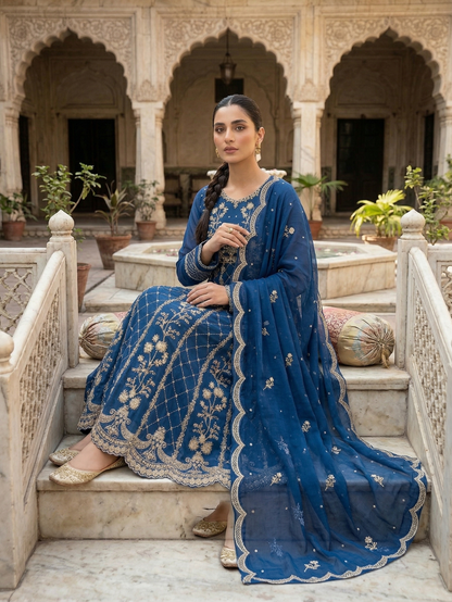 Midnight Azure Chiffon Heritage – Stitched 2-Piece Festive Suit