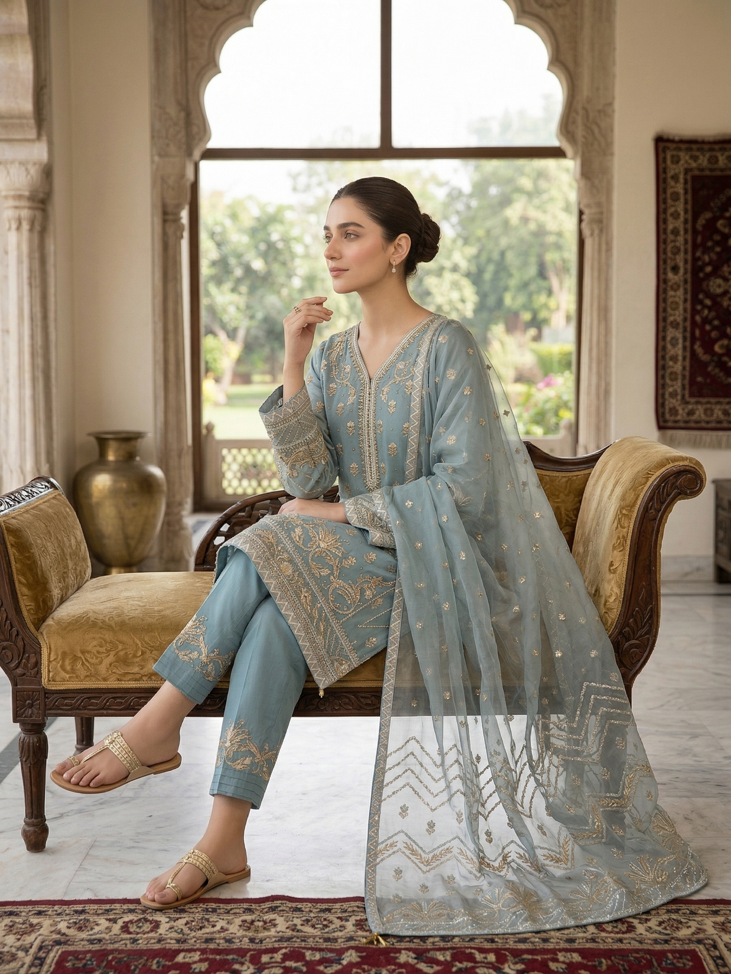 Premium Dusty Teal Embroidered Organza 3-Piece Suit