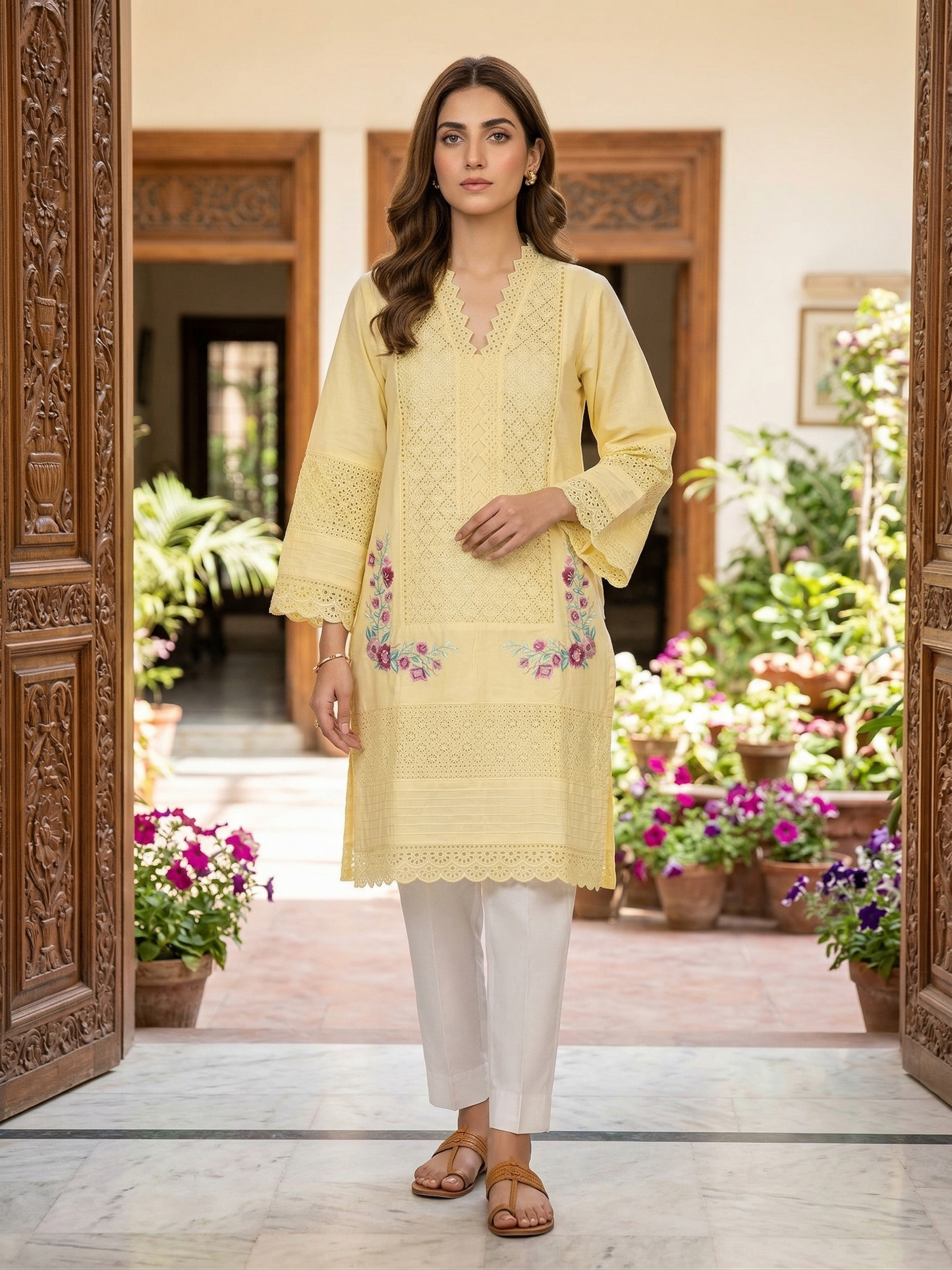 Premium Yellow lawn Embroidered Stitched Shirt