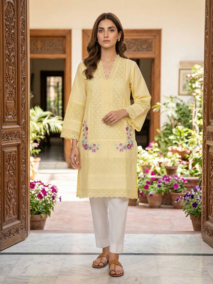 Premium Yellow lawn Embroidered Stitched Shirt