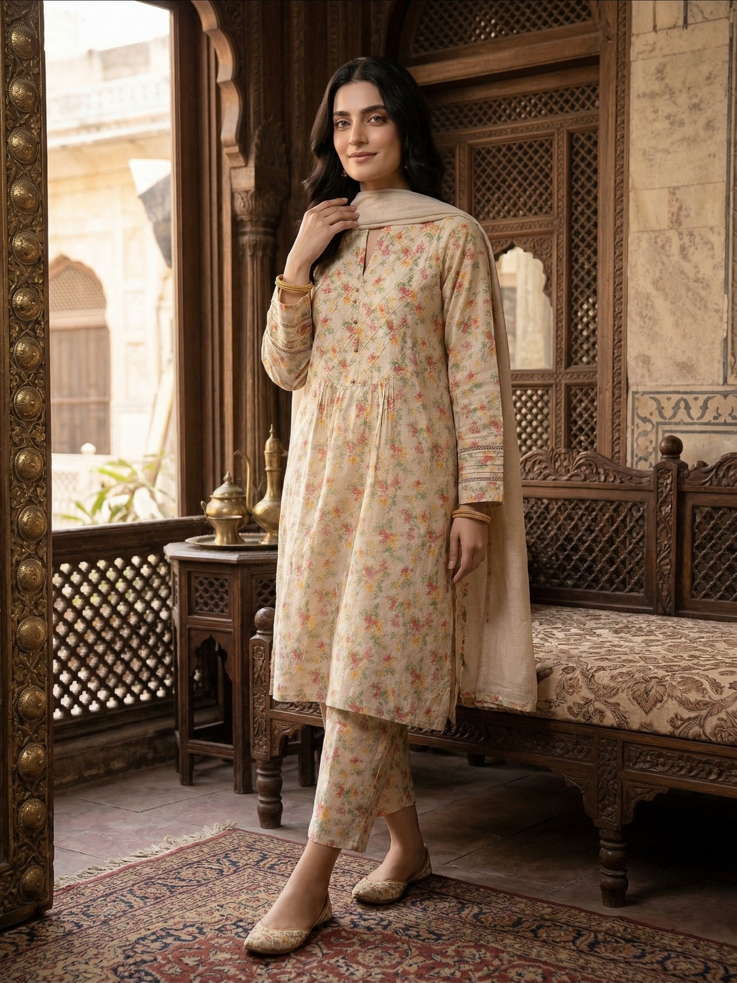 sadabahar Vintage Floral Bliss: 2-Piece Printed lawn Ensemble
