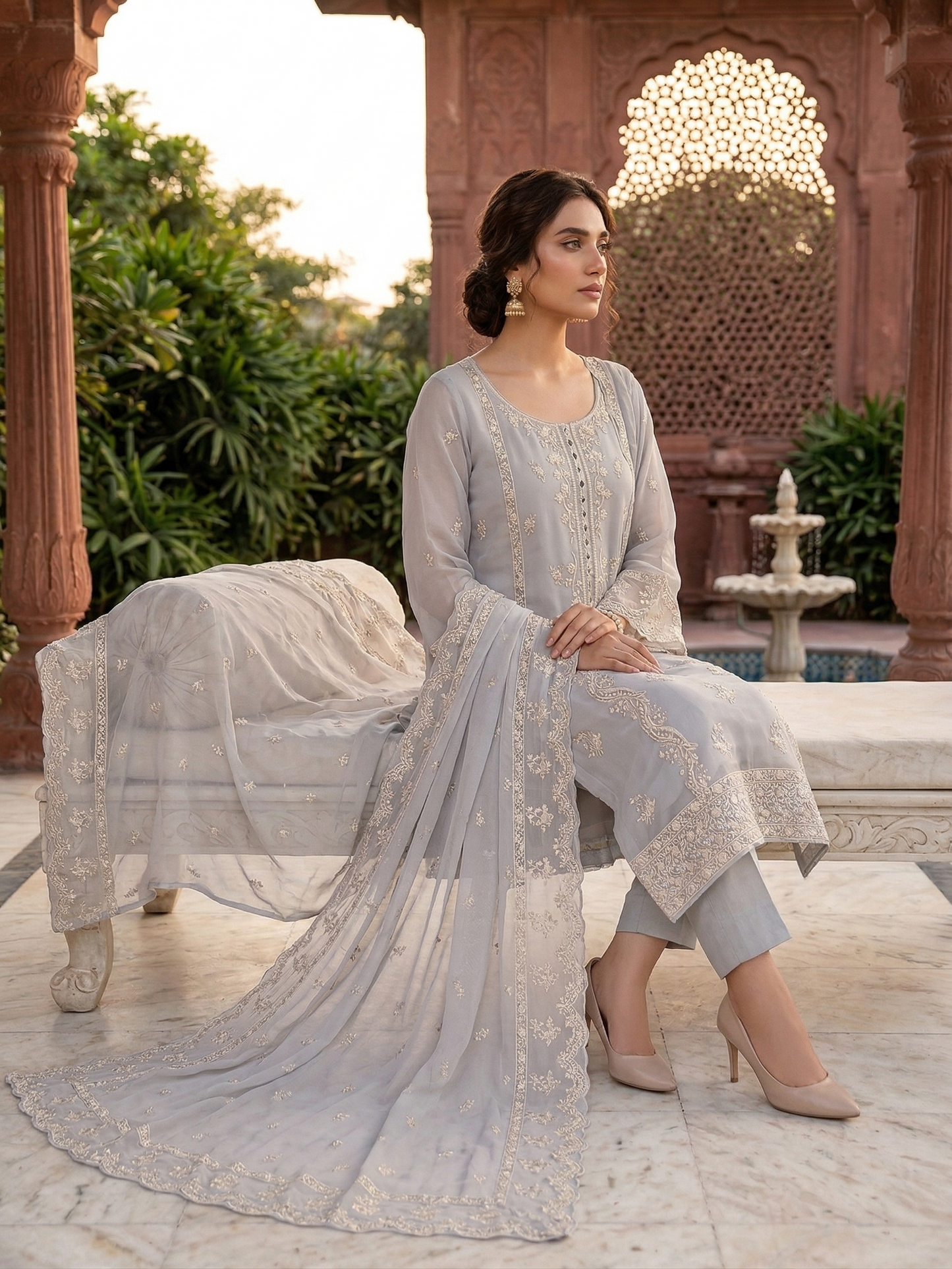 Icy Grey 3-Piece Premium Embroidered Organza Suit