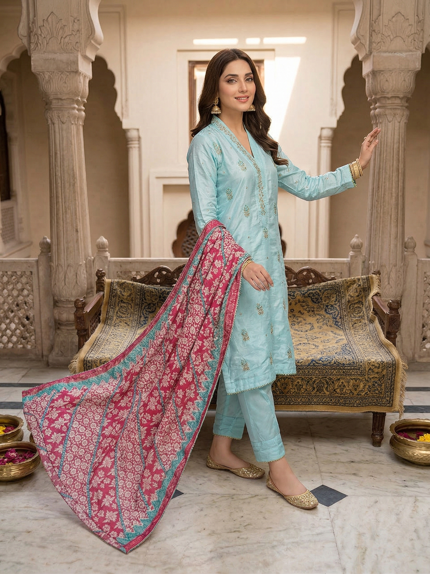 Stitched Aqua Embroidered Silk 3-Piece Suit with Contrasting Pink Dupatta