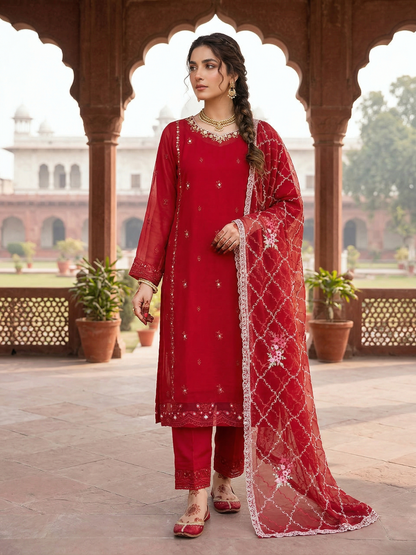 Elegant Ruby Red Stitched 2-Piece Embroidered Chiffon Suit
