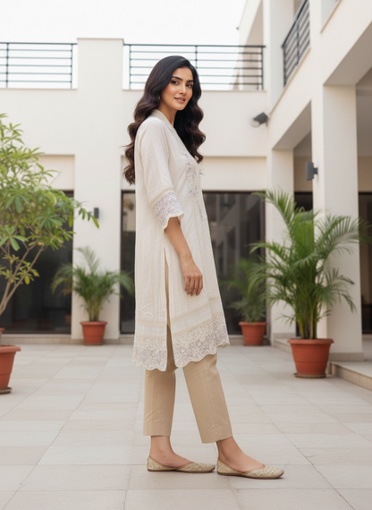 AZURE Luxury Embroidered Cotton Net Shirt – Cream Elegance