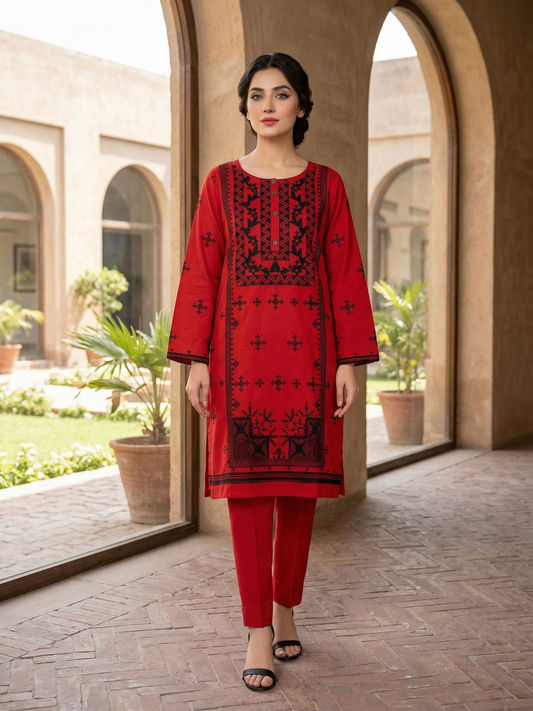 Crimson Heritage: Stitched Balochi-Embroidered Cotton shirt