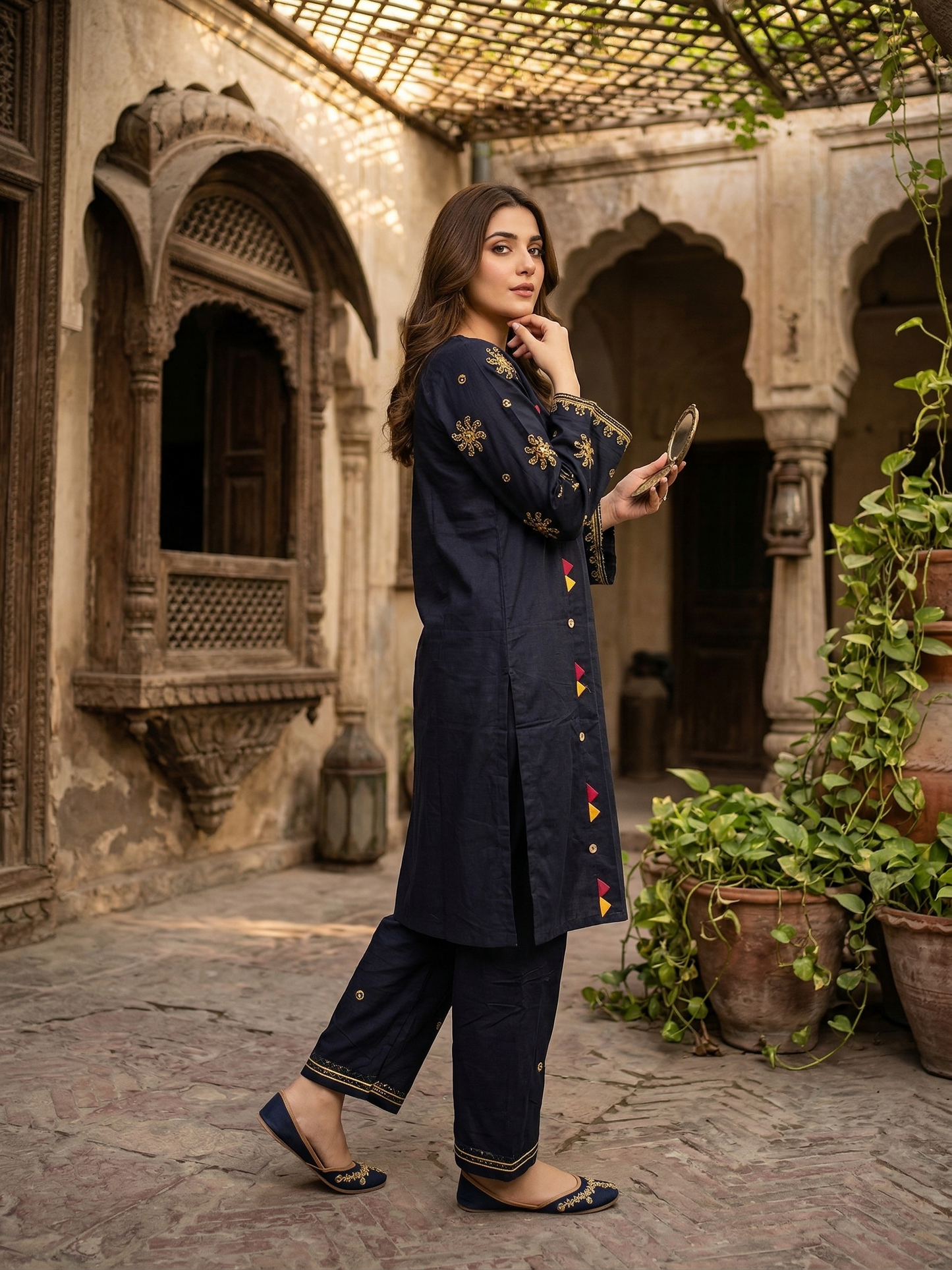 Midnight Aura Embroidered Cotton 2-Piece Suit