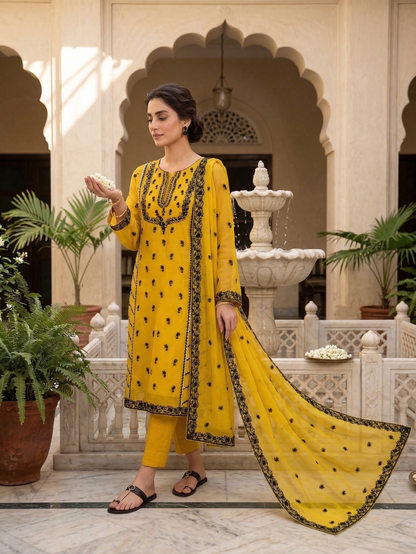 Radiant Mustard Yellow Embroidered Chiffon 2-Piece Suit